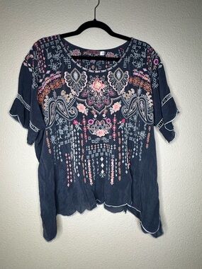 Johnny Was L Cupra Rayon Embroidered Boho Tunic Top Blue Floral Style C16420-4
